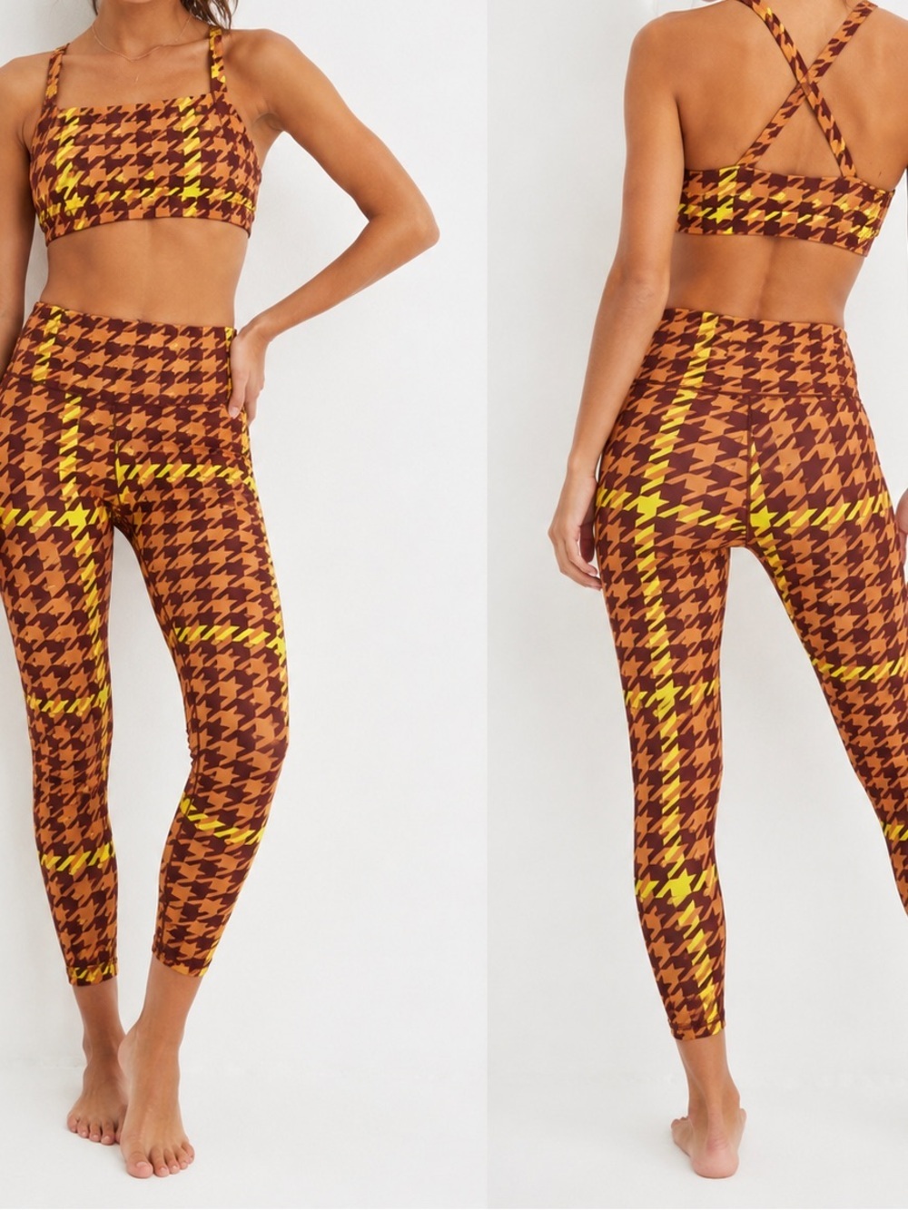 Aerie OFFLINE Real Me Xtra Houndstooth Legging Set Brown Plaid Size S